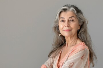 Wall Mural - A woman with gray hair and a pink shirt