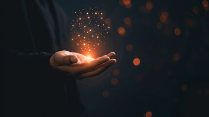 Poster - Close-up of hand with glowing digital neural network on dark backdrop