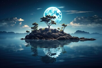 A small island with a tree and a large blue moon in the sky