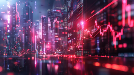 Aufkleber - Neon-lit city with digital artwork overlaying financial charts depicting economic growth