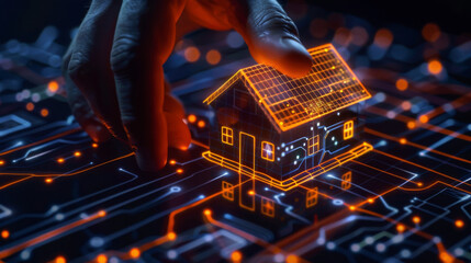 Poster - Hand interacts with a holographic smart home on a futuristic digital interface