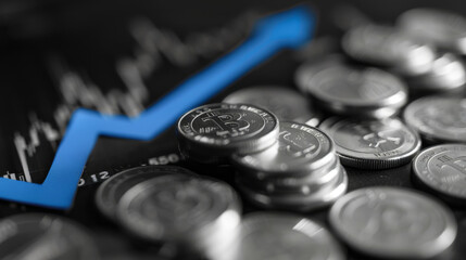 Poster - Stack of coins with a blue arrow indicating cryptocurrency market growth against a blurred chart background