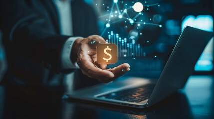 Aufkleber - Businessman demonstrating a holographic dollar sign next to his laptop, representing financial innovation