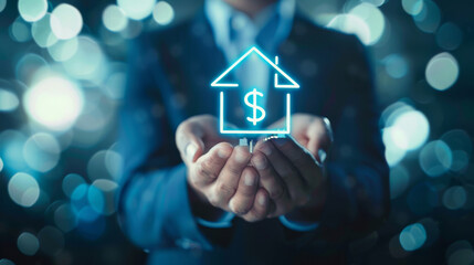 Aufkleber - Professional in suit holding glowing house symbol with dollar sign, conveying real estate investment