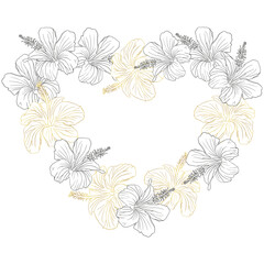 Wall Mural - A golden flower heart wreath with a black and white flower wreath. The flowers are arranged in a circular pattern for card or invite.