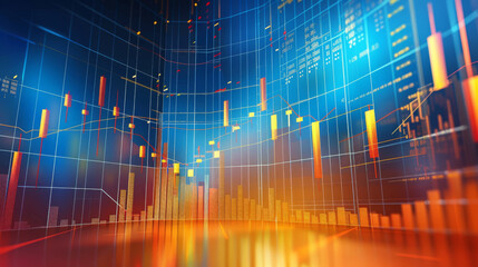 Poster - Colorful abstract financial chart with lines, bars, and stock market data overlaid on a digital grid