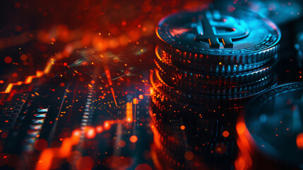 Leinwandbilder - Digital illustration of bitcoins stacked on a colorful circuit board backdrop