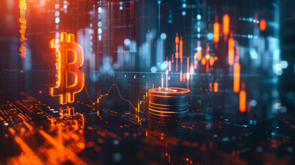 Aufkleber - Futuristic digital financial chart background with abstract bitcoin symbol illustration