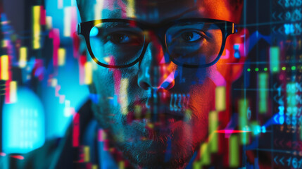Poster - Man with glasses closely examining digital financial charts