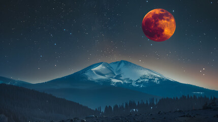Wall Mural - A red moon is in the sky above a mountain range