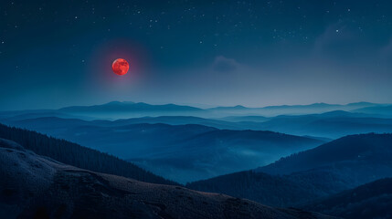 Wall Mural - A red moon is in the sky above a mountain range