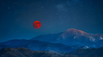 Wall Mural - A red moon is in the sky above a mountain range