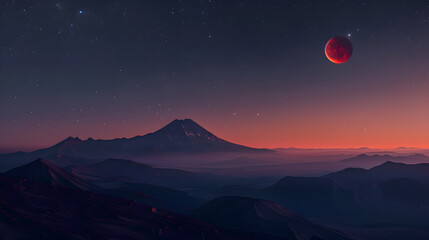 Wall Mural - A red moon is in the sky above a mountain range