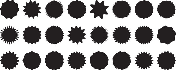 Sticker star burst, promo badge round shape, price tag circle, sale label icon, black sun, new discount set isolated on white background. Advertising vector illustration