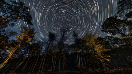 A forest at night with a sky full of stars