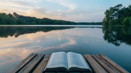 an open book of poetry on a wooden dock overlooking a serene lake, with reflections of the sky and trees on the water's surface