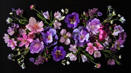 Poster - Symmetrical arrangement of purple lilac and pink flowers flowing over a black backdrop