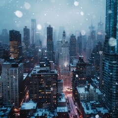 A snowy cityscape with tall buildings and a clock tower