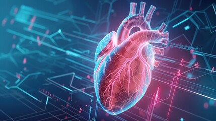 3D model Human heart anatomy on blue background