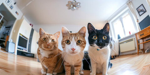 Group of funny cats viewed through a surveillance camera installed in a living room. Cat gang demanding to be fed. Cats caught on security camera.