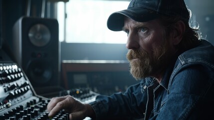 Side view of a bearded man in a cap sitting at an audio mixing console in a studio setting