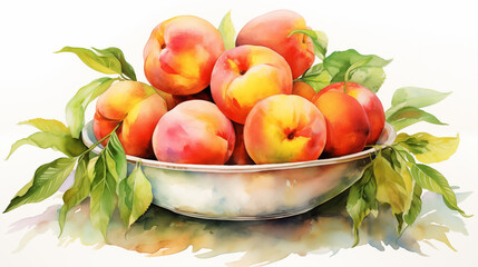 Wall Mural - Double Exposure, White Background, Peaches in a Bowl illustration ~ Created using Generative AI