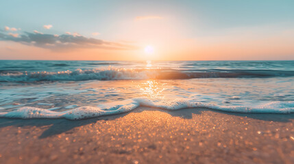 Closeup sea sand beach. Panoramic beach landscape. Inspire tropical beach seascape horizon. Orange and golden sunset sky calmness tranquil relaxing sunlight summer mood. Vacation travel holiday banner