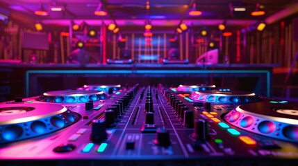 Aufkleber - A vibrant room packed with various DJ equipment, from turntables to mixers, with colorful lights illuminating the scene. Generative AI