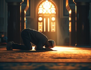 Young Muslim man praying and performing sajdah inside the mosque