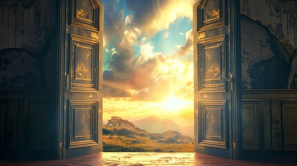 Wall Mural - open door to paradise with light at the end, new life and opportunity concept, changes and right decision, religion and god concept