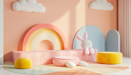 Poster - 3d Rendering Of Minimalistic Stage For Kids Product Display Background With An Abstract Design For Presentations. Ideal For Showcasing Various Items.