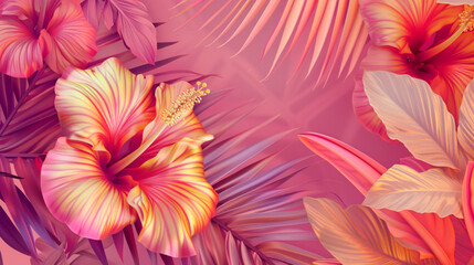 Wall Mural - Tropical flowers and leaves background. Vibrant pink and golden gradient colors. Modern illustration.