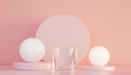Poster - Elegant 3d White Cylinder Pedestal Podium With Glass Geometric Shape Backdrop And Lighting On Pastel Pink Minimal Wall. Platform Design For Product Display.