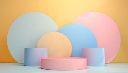 Poster - Abstract 3d Background Set Featuring Realistic Blue, Yellow, Pink Cylinder Pedestal Podium And Circle Backdrop For Stage Showcase Display.