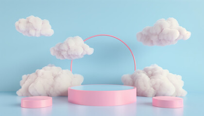 Poster - Colorful Pastel Background With 3d Rendering Podium: An Ideal Display Setting For Kids Or Baby Product Advertisement With Clouds And Weather Elements.