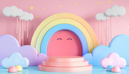 Poster - 3d Podium On Pastel Background With Abstract Geometric Shapes And Rainbow For Kid'S Product Display: Cute And Colorful Presentation Platform