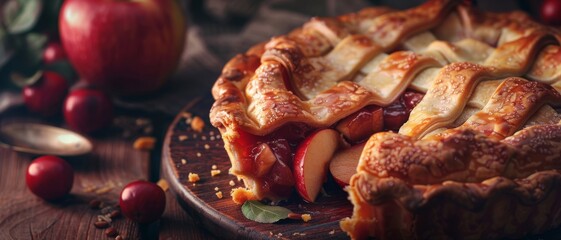 Wall Mural - A apple pie close up, food design, dynamic, dramatic compositions, with copy space.