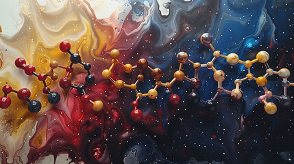 Poster - Abstract art depicting chemical structure of caffeine highlighting its stimulant properties and natural sources
