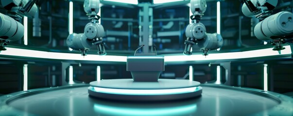 Poster - Futuristic robotic laboratory with a podium and advanced robotic arms