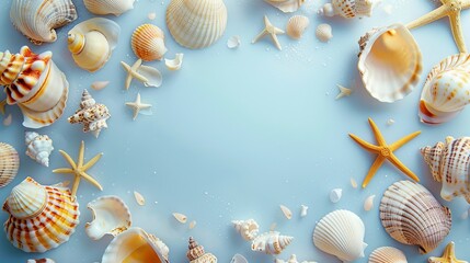 Wall Mural - Elegant mockup with assorted sea shells and starfish on a blue background
