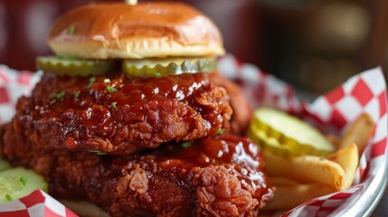 Wall Mural - A nashville hot chicken close up, food design, dynamic, dramatic compositions, with copy space.