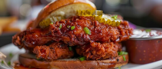 Wall Mural - A nashville hot chicken close up, food design, dynamic, dramatic compositions, with copy space.