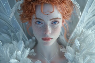 Wall Mural - Ethereal Fairy Elegance: Detailed Digital Portrait - Blue Eyes and Ginger Hair