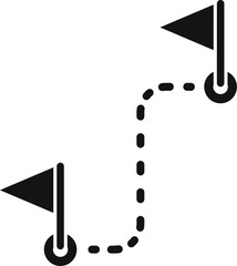 Sticker - Black and white vector icon showcasing a dotted line path between two points with flags