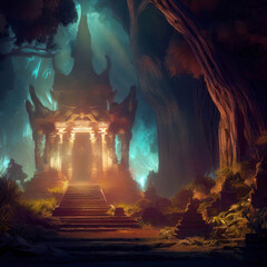 Wall Mural - Temple in fantasy forest at night, old ruins and magic light, Surreal mystical fantasy artwork