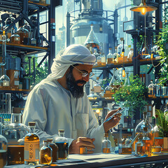 Poster - Illustration of Middle Eastern chemist conducting research on sustainable energy solutions focusing on green chemistry and environmental applications