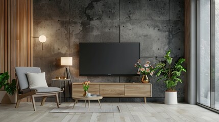 Wall Mural - Cabinet TV in modern living room with armchair,lamp,table,flower and plant concrete . Generative Ai