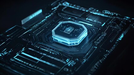 Poster - Close-up of a microcircuit with blue neon light