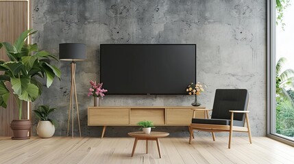 Wall Mural - Cabinet TV in modern living room with armchair,lamp,table,flower and plant concrete . Generative Ai