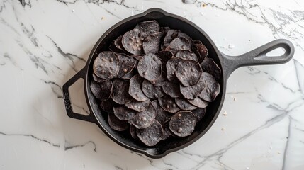 Sticker - Crispy black potato chips arranged in a cast iron skillet on a white stone countertop